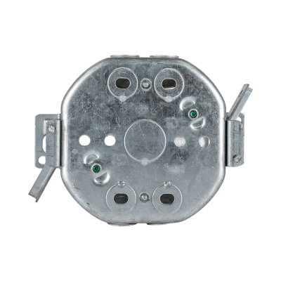 Arani 54151-LD octagon ceiling box, 1-1/2 in deep, swing-arm brackets, rear view with brackets flanking the closed back