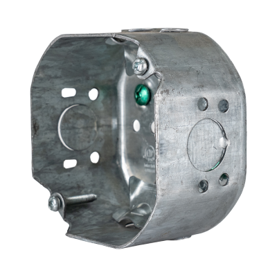 Arani 54171-L octagon junction box, 2-1/8 in deep, NMD90, three-quarter view with side wall knockout and nail holes