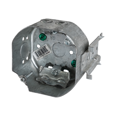 Arani 54171-LB octagon ceiling box, 2-1/8 in deep, side mount bracket, three-quarter view with side mount bracket folded out
