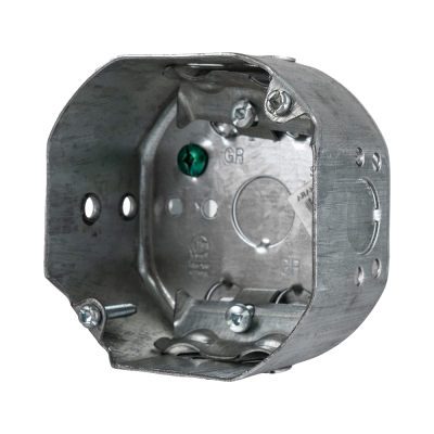 Arani 54171-LB octagon ceiling box, 2-1/8 in deep, side mount bracket, three-quarter view with clamp and grounding screw
