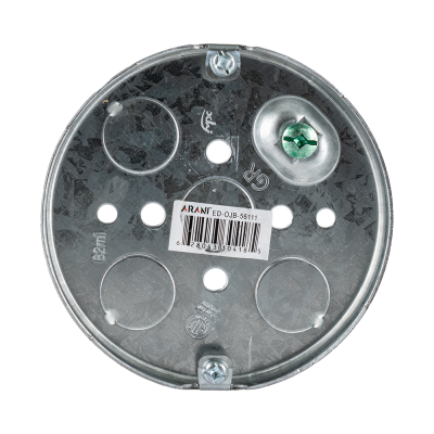 Arani 56111 round pancake ceiling box, 1/2 in deep, knockouts, front view: round floor with fixture screw bosses