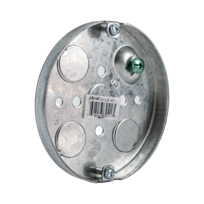Arani 56111 round pancake ceiling box, 1/2 in deep, knockouts, three-quarter view with very shallow round rim