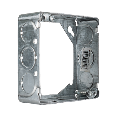 Arani 53151-K square box extension, 1-1/2 in deep, knockouts, three-quarter view with see-through ring and side knockouts