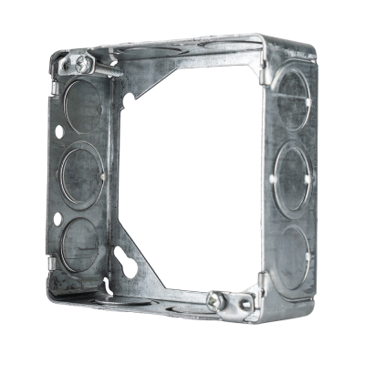Arani 53151-K square box extension, 1-1/2 in deep, knockouts, three-quarter view: open frame with corner clamp screws