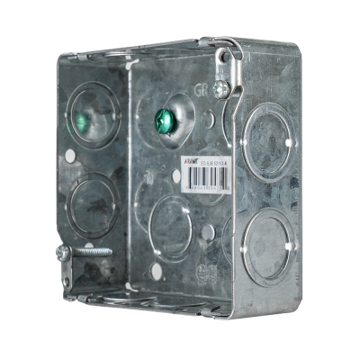 Arani 52151-K square junction box, 1-1/2 in deep, knockouts, three-quarter view with side wall knockouts and clamp screw