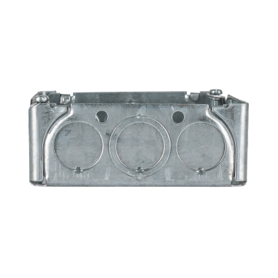 Arani 52151-K square junction box, 1-1/2 in deep, knockouts, side view with three round knockouts across side wall