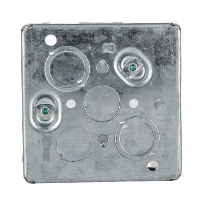 Arani 52151-K square junction box, 1-1/2 in deep, knockouts, rear view with two dimpled grounding screw bosses