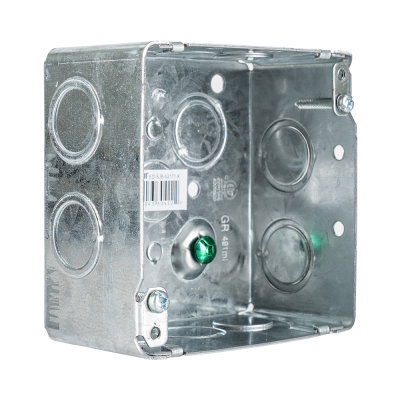 Arani 52171-K square junction box, 2-1/8 in deep, knockouts, three-quarter view with interior grounding screw