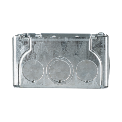 Arani 52171-K square junction box, 2-1/8 in deep, knockouts, side view with three knockouts across deep side wall