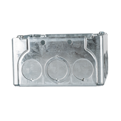 Arani 52171-K square junction box, 2-1/8 in deep, knockouts, side view: opposite side wall with three knockouts
