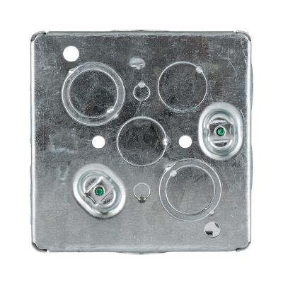 Arani 52171-K square junction box, 2-1/8 in deep, knockouts, rear view with five back knockouts and two grounding bosses