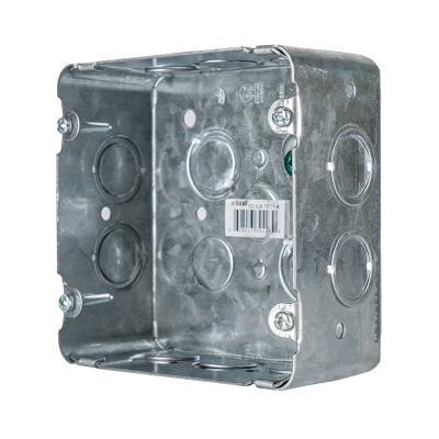 Arani 72171-K 4-11/16 in square junction box, 2-1/8 in deep, knockouts, three-quarter view with side-wall knockouts