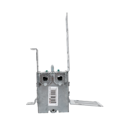 Arani 2104-LSSAX 1-gang steel stud device box, 2-1/2 in deep, AC90, top view: two clamp collars with setscrews