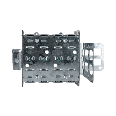 Arani 2104-LSSAX-2 2-gang steel stud device box, 2-1/2 in deep, AC90, rear view: flat back with four grounding screw tips