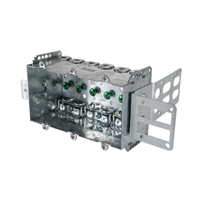 Arani 2104-LSSAX-3 3-gang steel stud device box, 2-1/2 in deep, AC90, three-quarter view with grounding screws