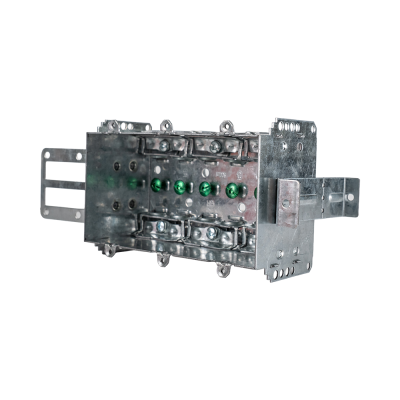 Arani 2104-LSSAX-3 3-gang steel stud device box, 2-1/2 in deep, AC90, three-quarter view with bracket plate