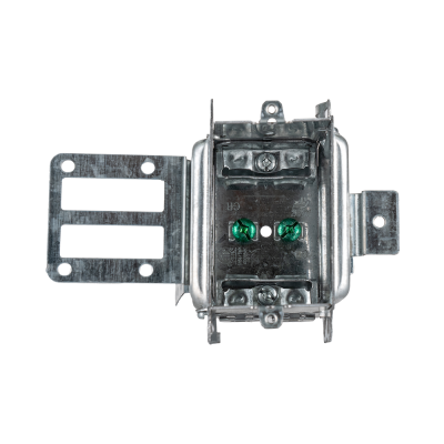 Arani 3104-LSSAX-1 bubble steel stud box, 1 in drywall, 2-1/2 in deep, AC90, front view with two grounding screws
