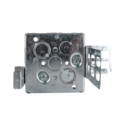 Arani 52151-KSSX square steel stud box, 1-1/2 in deep, knockouts, rear view with back knockouts and grounding screw dimples