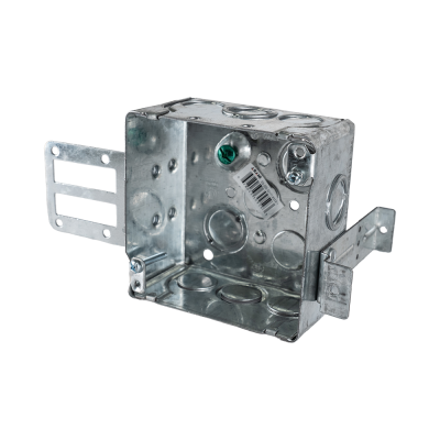 Arani 52171-KSSX-1 square steel stud box, 1 in drywall, 2-1/8 in deep, three-quarter view with grounding screw