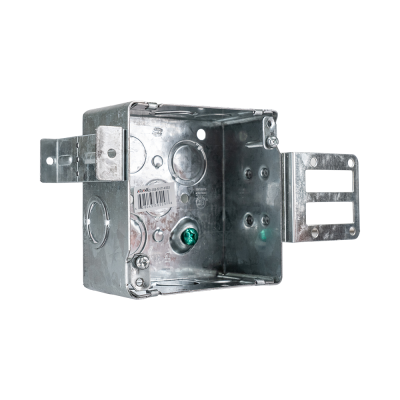 Arani 52171-KSSX square steel stud box, 2-1/8 in deep, knockouts, three-quarter view with deep open interior