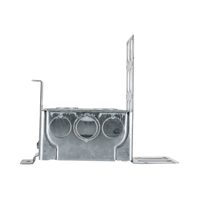 Arani 52171-KSSX square steel stud box, 2-1/8 in deep, knockouts, side view with three round knockouts across side wall