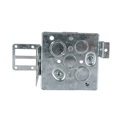 Arani 52171-KSSX square steel stud box, 2-1/8 in deep, knockouts, rear view with back wall knockouts and grounding screw tips