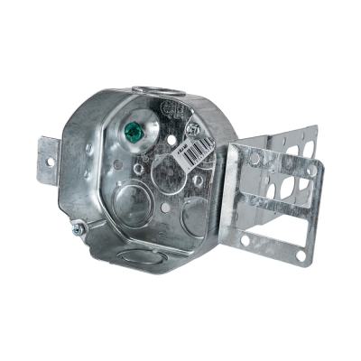 Arani 54151-KSSX octagon steel stud box, 1-1/2 in deep, knockouts, three-quarter view with octagonal interior
