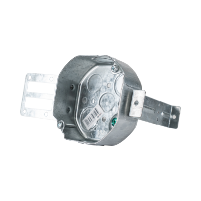 Arani 54151-KSSX octagon steel stud box, 1-1/2 in deep, knockouts, three-quarter view with octagonal open front