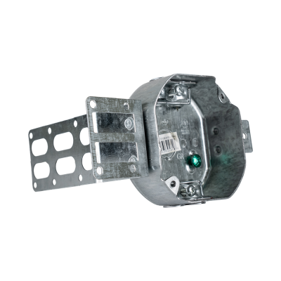 Arani 54151-LSSAX octagon steel stud box, 1-1/2 in deep, AC90, three-quarter view with stud bracket plate in the foreground