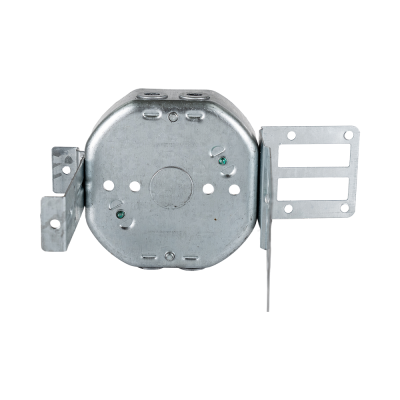 Arani 54151-LSSAX octagon steel stud box, 1-1/2 in deep, AC90, rear view with large centre knockout on the back