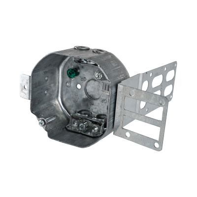 Arani 54171-LSSAX octagon steel stud box, 2-1/8 in deep, AC90, three-quarter view with grounding screw, clamp