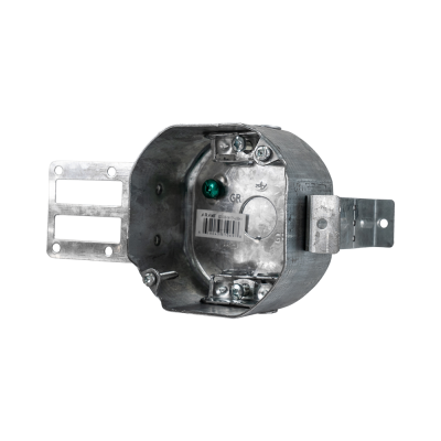 Arani 54171-LSSAX octagon steel stud box, 2-1/8 in deep, AC90, three-quarter view with deep octagon body and bracket wings