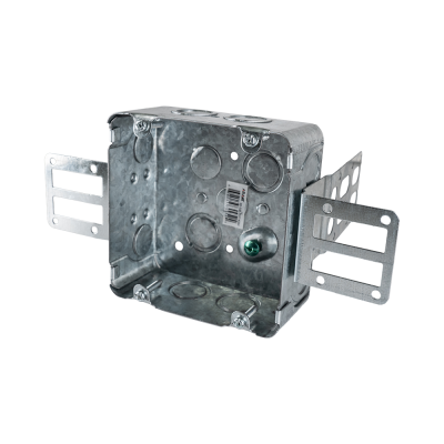 Arani 72171-KSSX 4-11/16 in square steel stud box, 2-1/8 in deep, three-quarter view with conduit knockouts across side wall