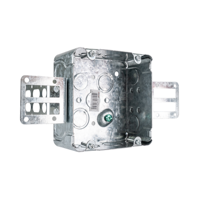 Arani 72171-KSSX 4-11/16 in square steel stud box, 2-1/8 in deep, three-quarter view with open square interior