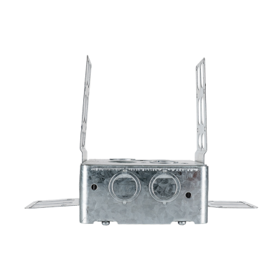 Arani 72171-KSSX 4-11/16 in square steel stud box, 2-1/8 in deep, side view with two large knockouts on side wall