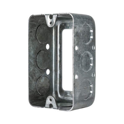 Arani 1110-R utility box extension ring, 1-7/8 in deep, knockouts, three-quarter view: hollow interior with plaster ears