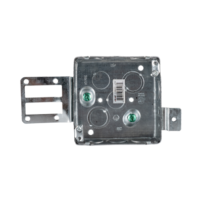 Arani 52151-KSSX square steel stud box, 1-1/2 in deep, knockouts, front view with two grounding screws on the interior floor