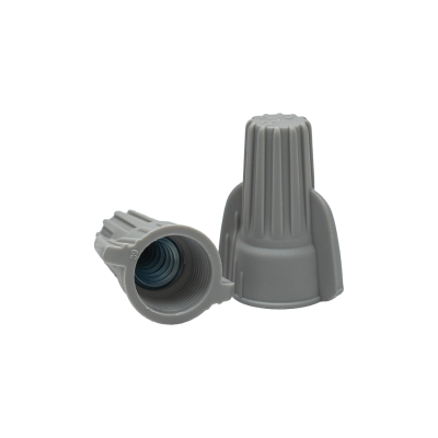 Two Arani TC-18-8-GR-V2 grey twist-on wire connectors, open end showing internal spring