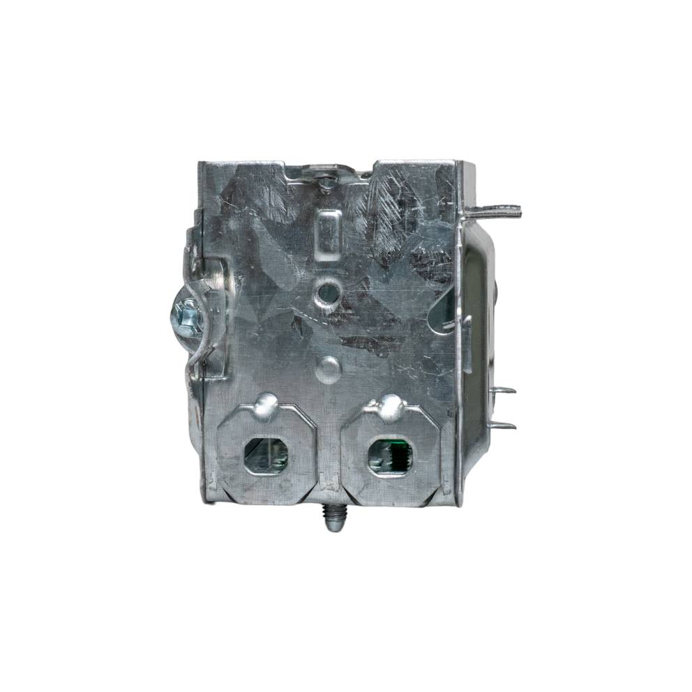 Arani ED-GGB-1304-LH switch box, end profile with two cable clamp knockouts and bracket tab