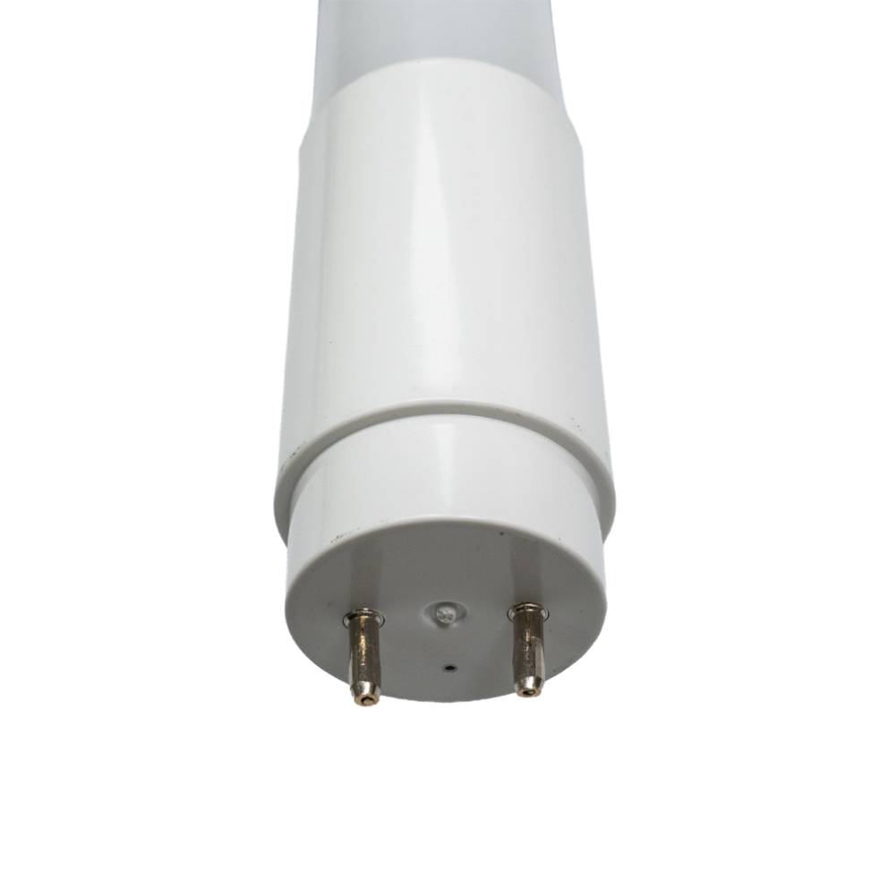 Close-up of the white end cap and G13 bi-pin contacts on a 4 ft T8 LED tube, 18 W, 5000 K