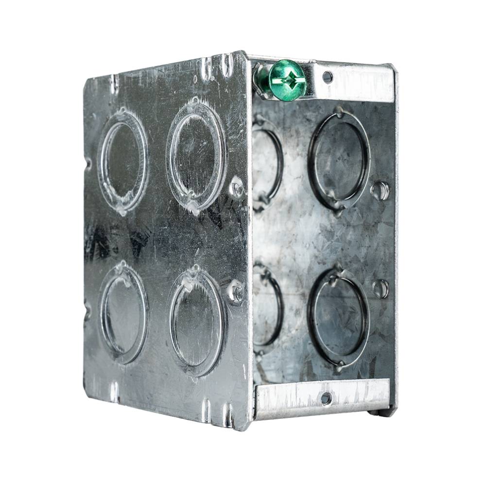 Rear three-quarter view of the Arani ED-MBD-1K masonry box showing the concentric knockouts on both side walls
