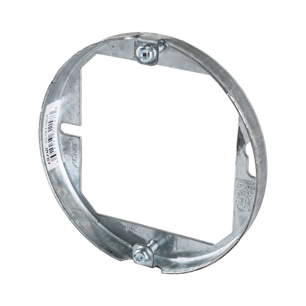 Arani ED-OEX-OBEX 4 in. octagon box extension ring, 1/2 in. deep, shown at an angle with its square device opening and mounting 
