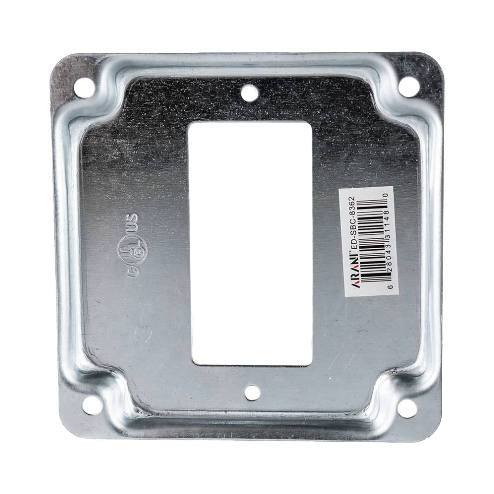 Arani ED-SBC-8362 4 in. square exposed work cover, 1/2 in. raised, with a single GFCI or decora-style device opening and cULus s