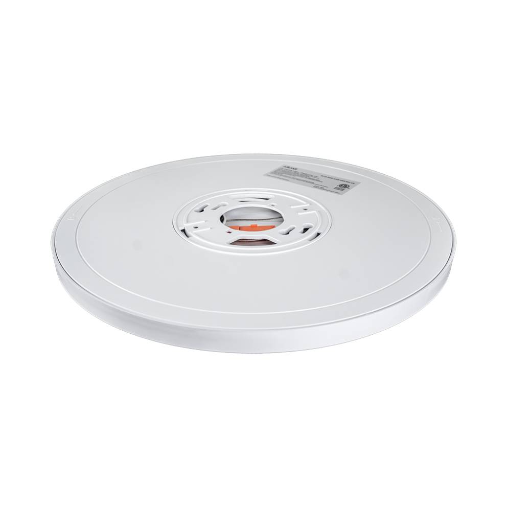 Back of Arani CL12 12 in. LED surface mount ceiling light showing mounting plate, product label and quick-connect wiring connect