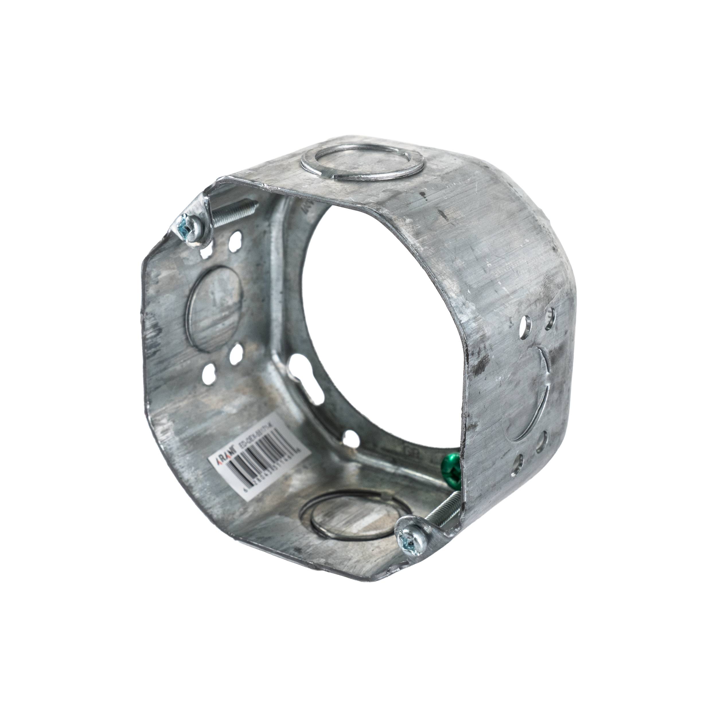 Arani ED-OEX-55171-K galvanized steel octagon box extension ring, angled view showing interior, knockouts and product barcode la