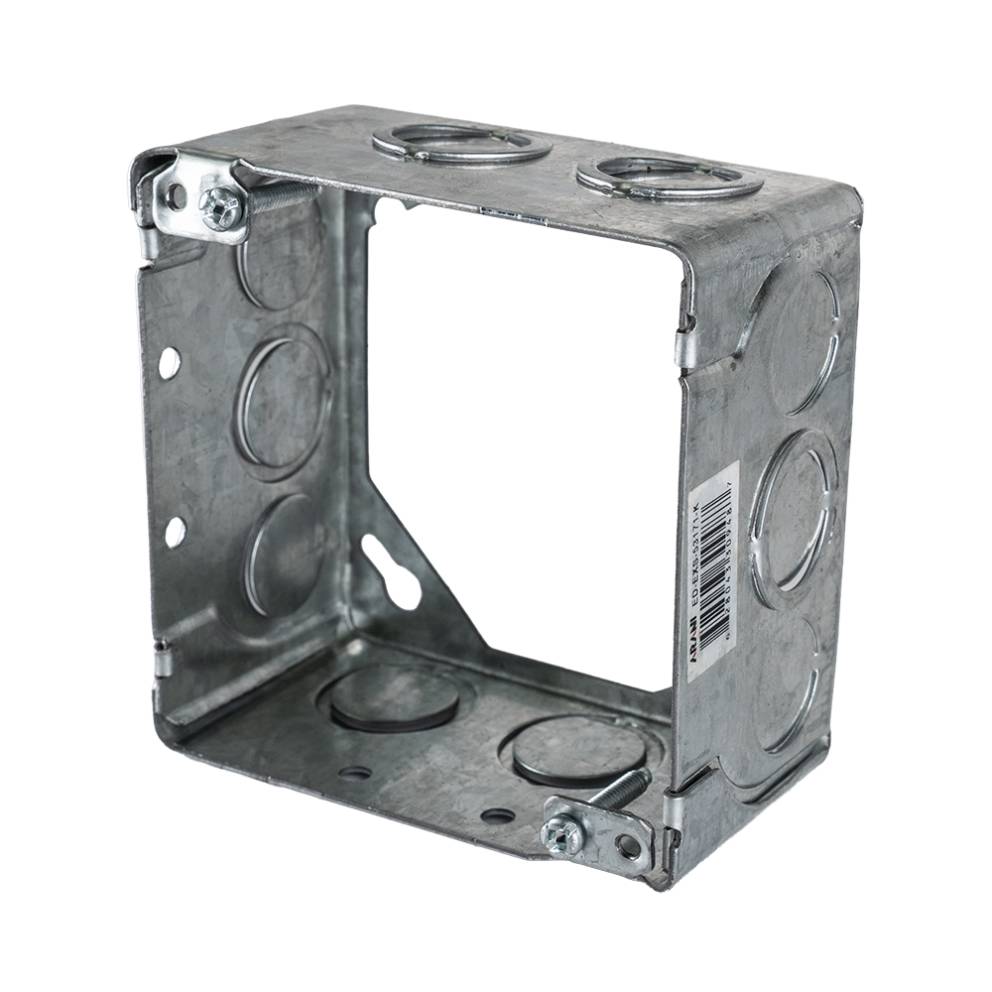 Arani 53171-K square box extension, 2-1/8 in deep, knockouts, three-quarter view with corner clamp screws and top knockouts