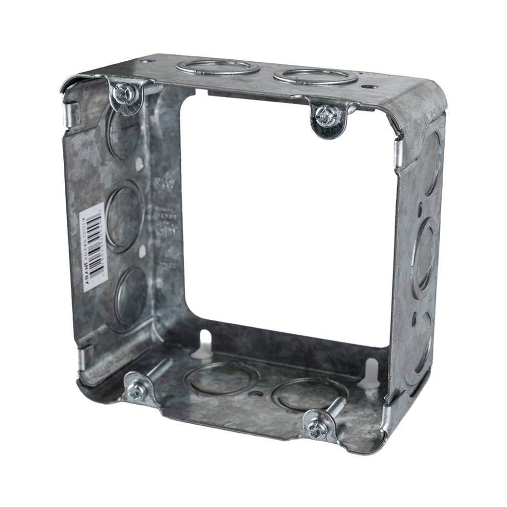 Arani 73171-K 4-11/16 in square box extension, 2-1/8 in deep, three-quarter view with white cable clamps along bottom floor