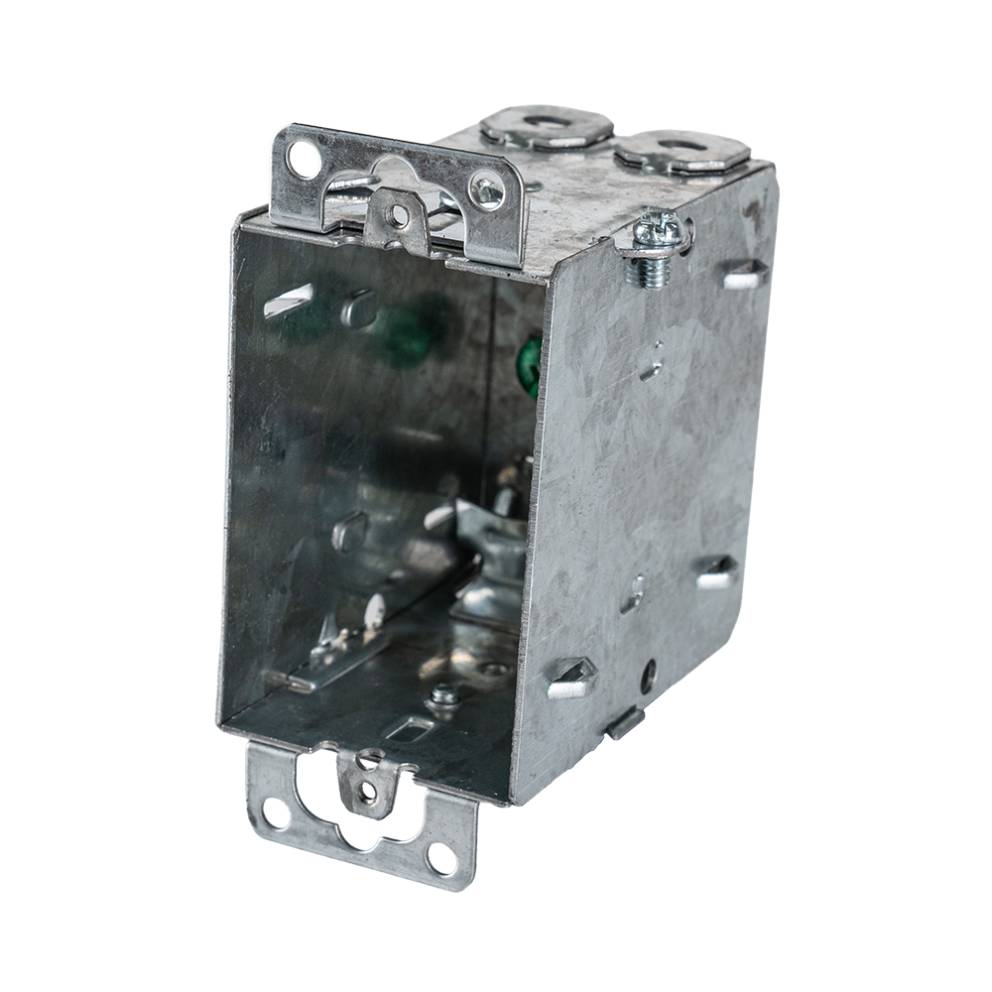 Arani 1004-L gangable device box, 3 in deep, NMD90, ears, three-quarter view with mounting ears and internal cable clamps