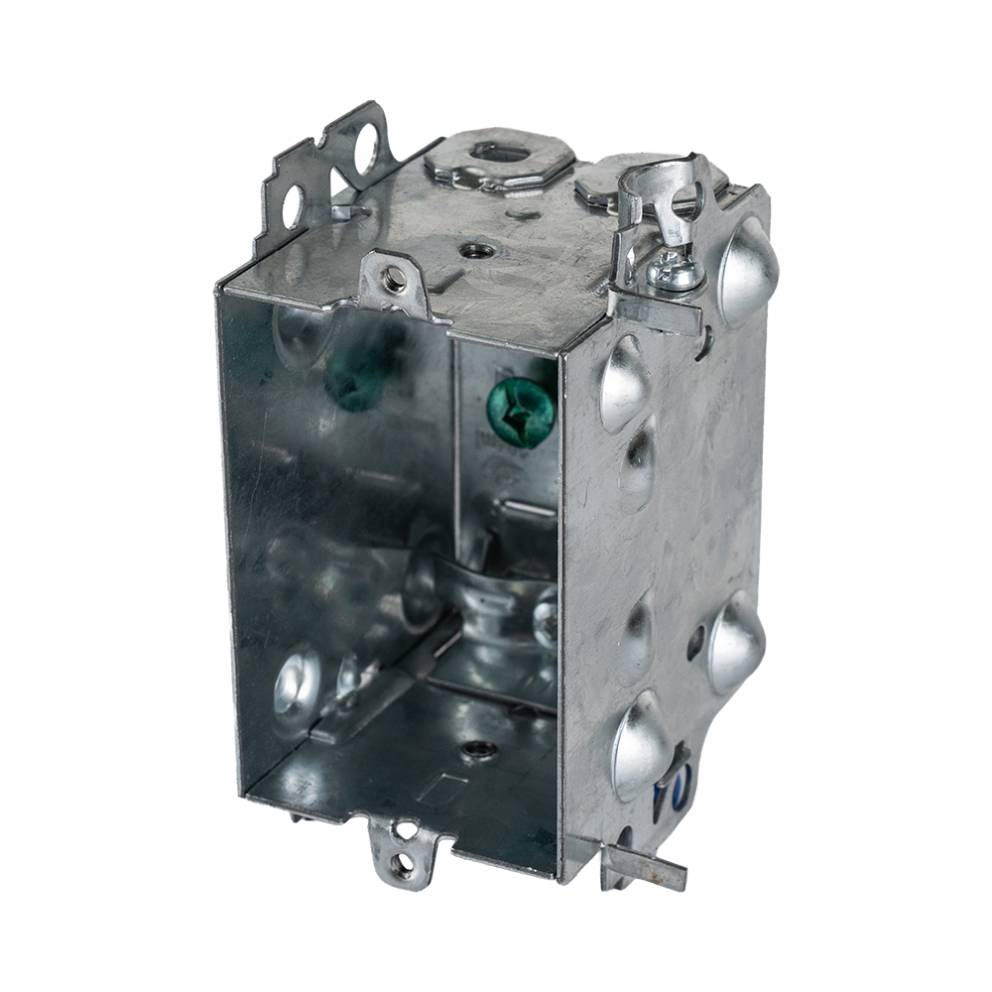 Arani 1104-LH gangable device box, 2-1/2 in deep, 12.5 cu in, no ears, three-quarter view with nail-in positioning tabs