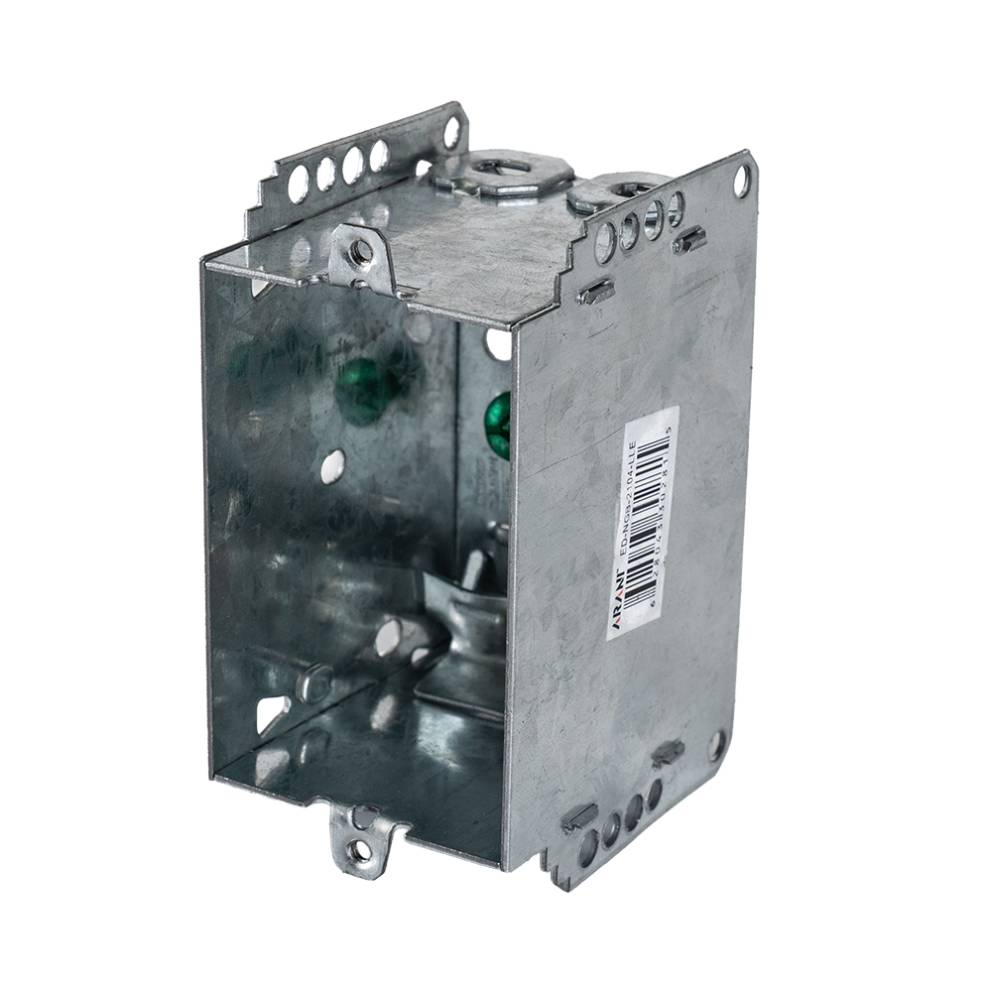 Arani 2104-LLE 1-gang device box, 2-1/2 in deep, NMD90, three-quarter view with green grounding screws and bracket label